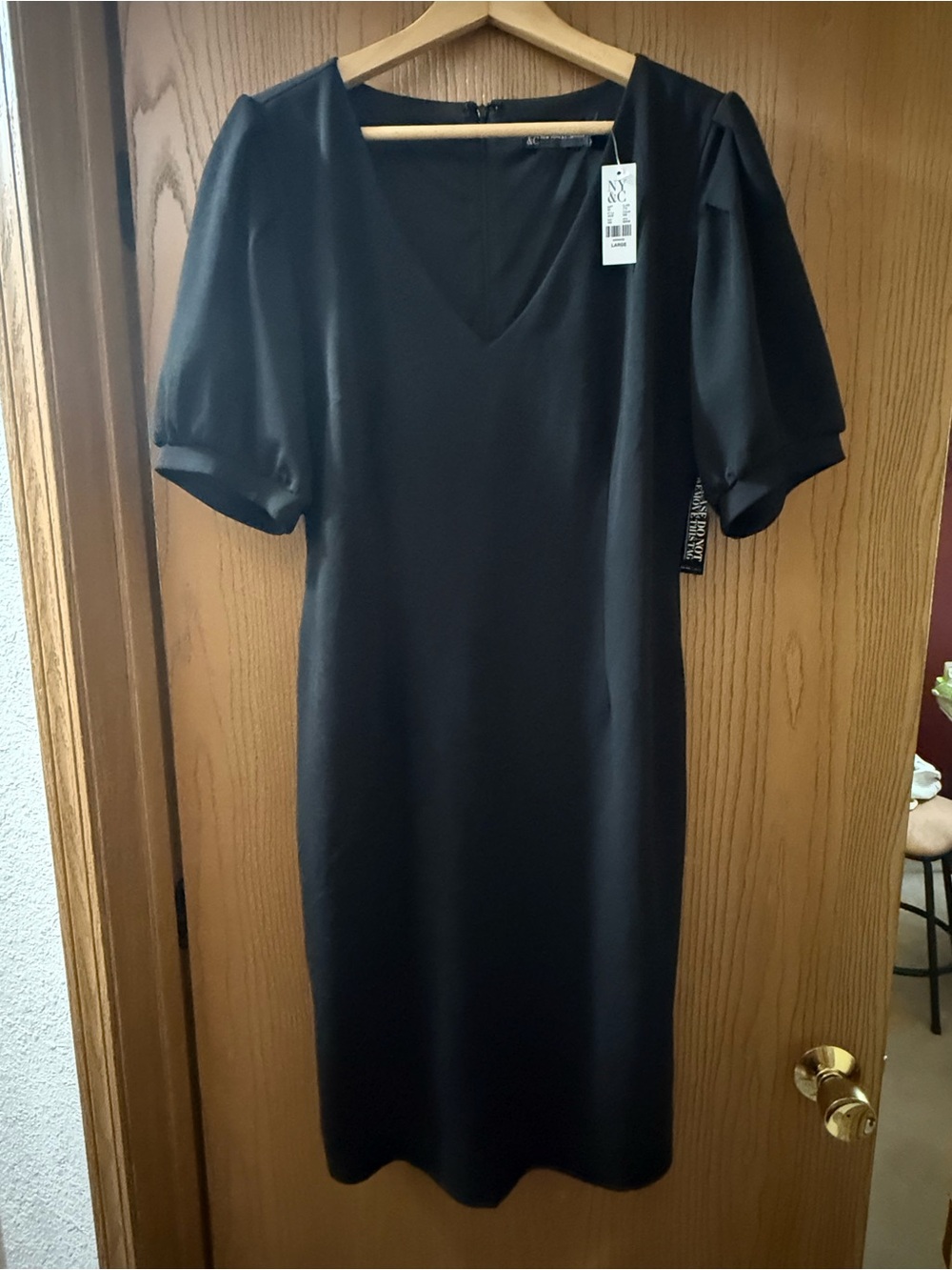 NWT!! New York & Company Black V-Neck Midi Dress with Puff Sleeves